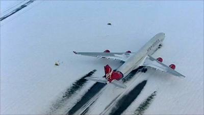 Plane on runway in snow