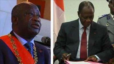 Laurent Gbagbo, the incumbent President in Ivory Coast (left) and his political rival Alassane Ouattara (right)