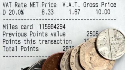 Receipt showing VAT at 20% and coins