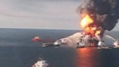 The Deepwater Horizon on fire in 2010