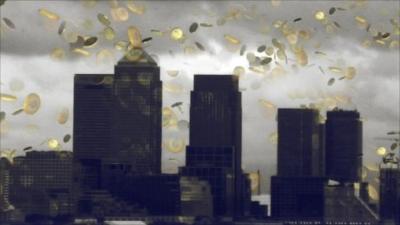 Graphic of London skyline with gold coins