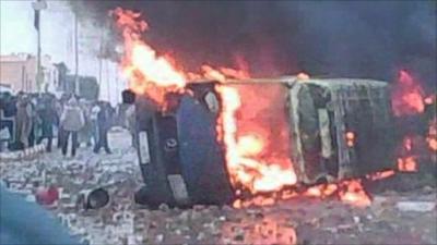 A bus on fire in Tunis