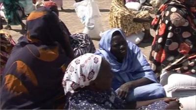 Lines of women cue up for a food distribution from the World Food Programme in Sudan's border region of Abyei