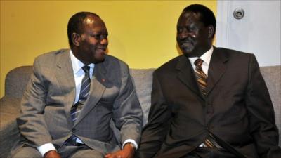 Alassane Ouattara (left) meets with Raila Odinga (right)