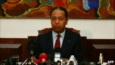 Jean-Claude Duvalier speaking at a news conference on 21 January 2011