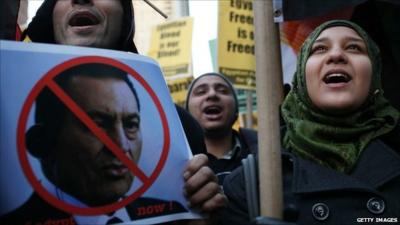 Protesters holding poster of President Mubarak