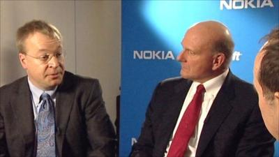 Nokia chief executive Stephen Elop and Microsoft chief executive Steve Ballmer talk to Rory Cellan-Jones