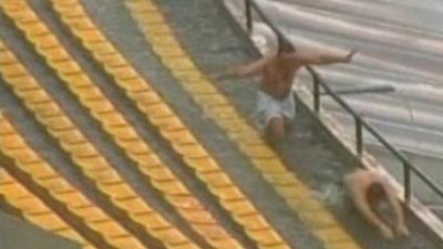 Brazilian football fans swimming in Sao Paulo stadium