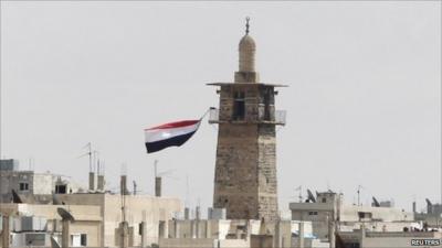 Syrian flag flying at Omari mosque