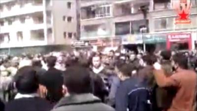 Protest footage sent to BBC of rally in Damascus