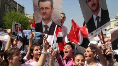 Supporters of President Assad in Damascus