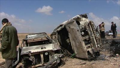 Wreckage of vehicle in Libya