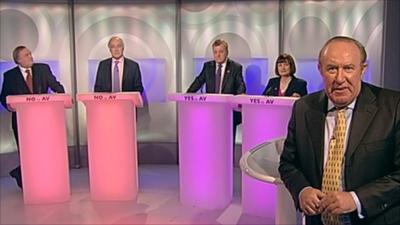 Andrew Neil and guests John Prescott, Michael Howard, Charles Kennedy, and Tessa Jowell at the AV debate