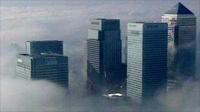 Aerial shot of London banking buildings