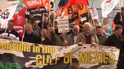 Protesters outside the BP AGM