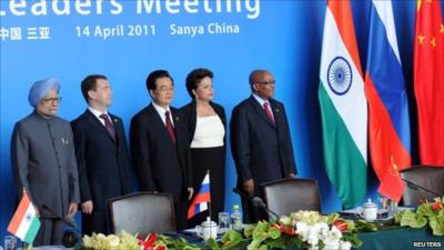 The leaders of India, Russia, China, Brazil and South Africa at the BRICS summit in Hainan