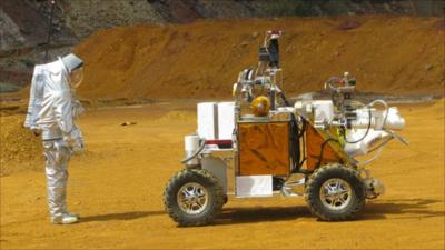 A spacesuit tester and rover in Rio Tinto