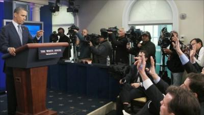 President Obama makes a rare appearance in the White House press briefing room