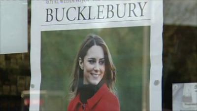 Poster of Kate Middleton in shop window in Bucklebury