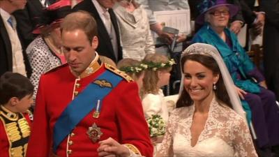 The Duke and Duchess of Cambridge walking down the aisle in Westminster Abbey