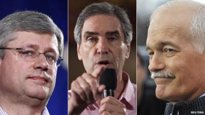 Conservative Stephen Harper, Liberal Michael Ignatieff and Jack Layton of the New Democratic Party