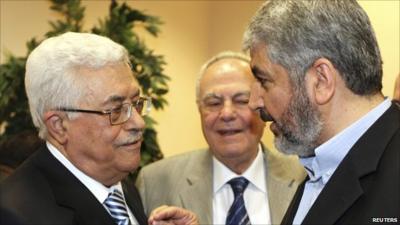 President Mahmoud Abbas (left) meeting Hamas leader Khaled Meshaal (right)