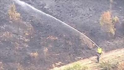 Aerial shot of firefighter with hose at Swinley Forest