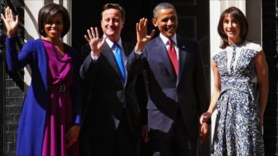 The Obamas and Camerons wave outside Number 10