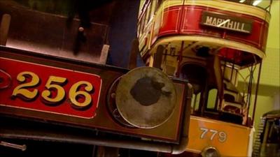 Locomotive and tram in the Riverside Museum