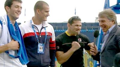 James Ward (left) and his coaching team chat to BBC Sport presenter John Inverdale