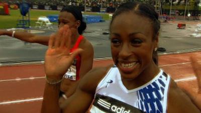 Danielle Carruthers celebrates at the Diamond League meeting in New York