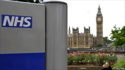 NHS sign in the grounds of St Thomas" Hospital, in front of the Houses of Parliament