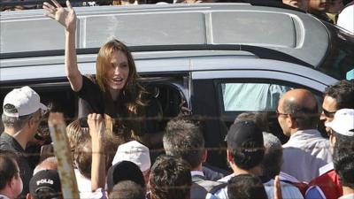 Angelina Jolie arrives at a camp on the Syria/Turkey border