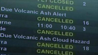 Airport notice-board highlighting cancelled flights