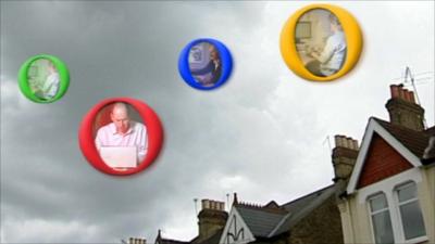 Internet users floating above houses in 'filter bubbles'