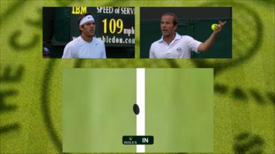 Juan Martin del Potro and Olivier Rochus respond to a Hawk Eye decision