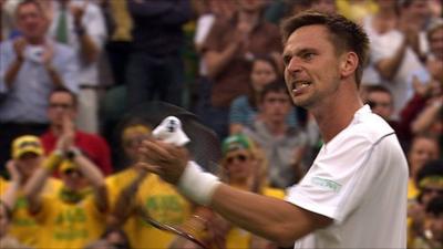 Robin Soderling celebrates his win over Lleyton Hewitt