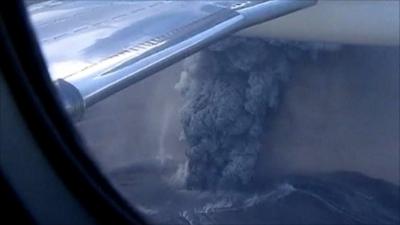 View from plane of ash spewing from the Puyehue-Cordon Caulle volcano