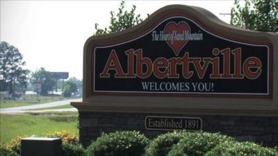 Sign welcoming people to Albertville, Alabama