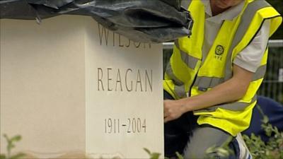 The plinth of the Reagan statue, ahead of the unveiling