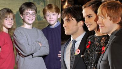 Daniel Radcliffe, Emma Watson and Rupert Grint in 2001 and 2010