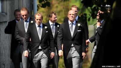 Mike Tindall arrives with his groomsmen, including fellow Gloucester players Iain Balshaw and James Simpson-Daniel