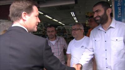 Nick Clegg meets shopkeepers in Tottenham
