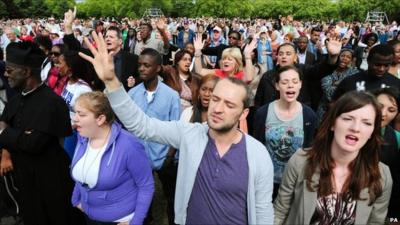 People gathered at a peace rally in Summerfield Park in Birmingham