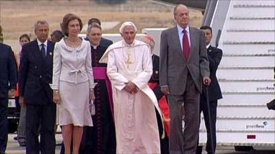 The Pope was greeted by King Juan Carlos I and Queen Sofia