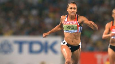 Great Britain's Jessica Ennis leads the heptathlon on the third evening at the World Championships in Daegu, South Korea