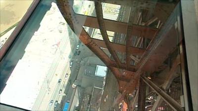 The view through a glass floor at the top of Blackpool Tower