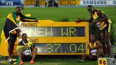 The Jamaican quartet with their new world record time for the 4x100m relay