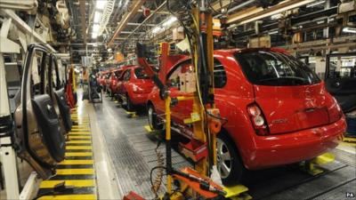 production line of red Nissan Micra cars