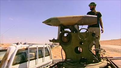 Rocket launcher mounted on back of truck